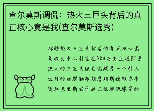 查尔莫斯调侃：热火三巨头背后的真正核心竟是我(查尔莫斯选秀)