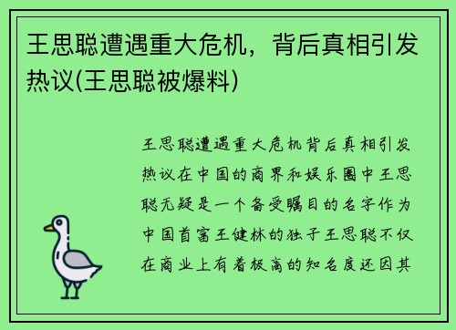 王思聪遭遇重大危机，背后真相引发热议(王思聪被爆料)