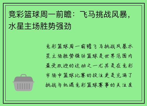 竞彩篮球周一前瞻：飞马挑战风暴，水星主场胜势强劲
