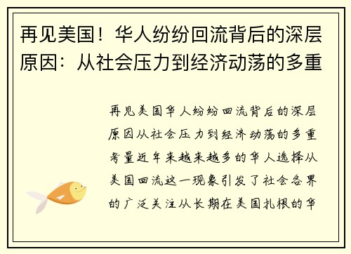 再见美国！华人纷纷回流背后的深层原因：从社会压力到经济动荡的多重考量
